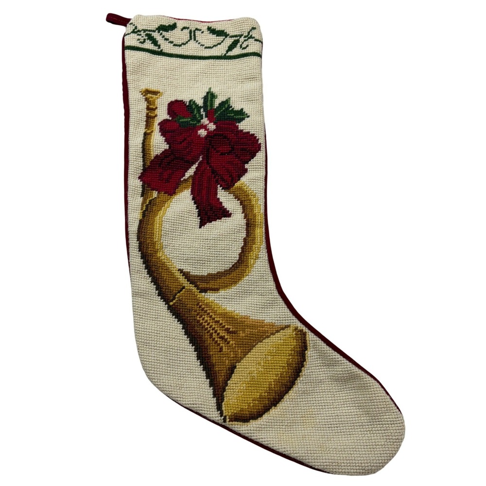 Vintage Needlepoint Christmas Stocking French Horn Red Velvet Backing 17.5 inch